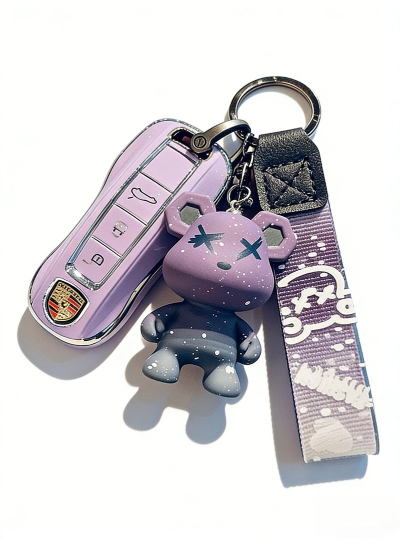 ماك جاباجز Suitable for Porsche Pastel Purple Metal Key Fob Case with Graffiti Bear Keychain & Strap (Please purchase according to your own key style) - Image 4